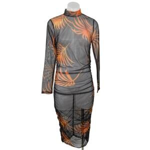 Chicme Tropical Sheer Mesh Tulle Cover Up Summer Midi Sheath Bodycon Dress Sz L